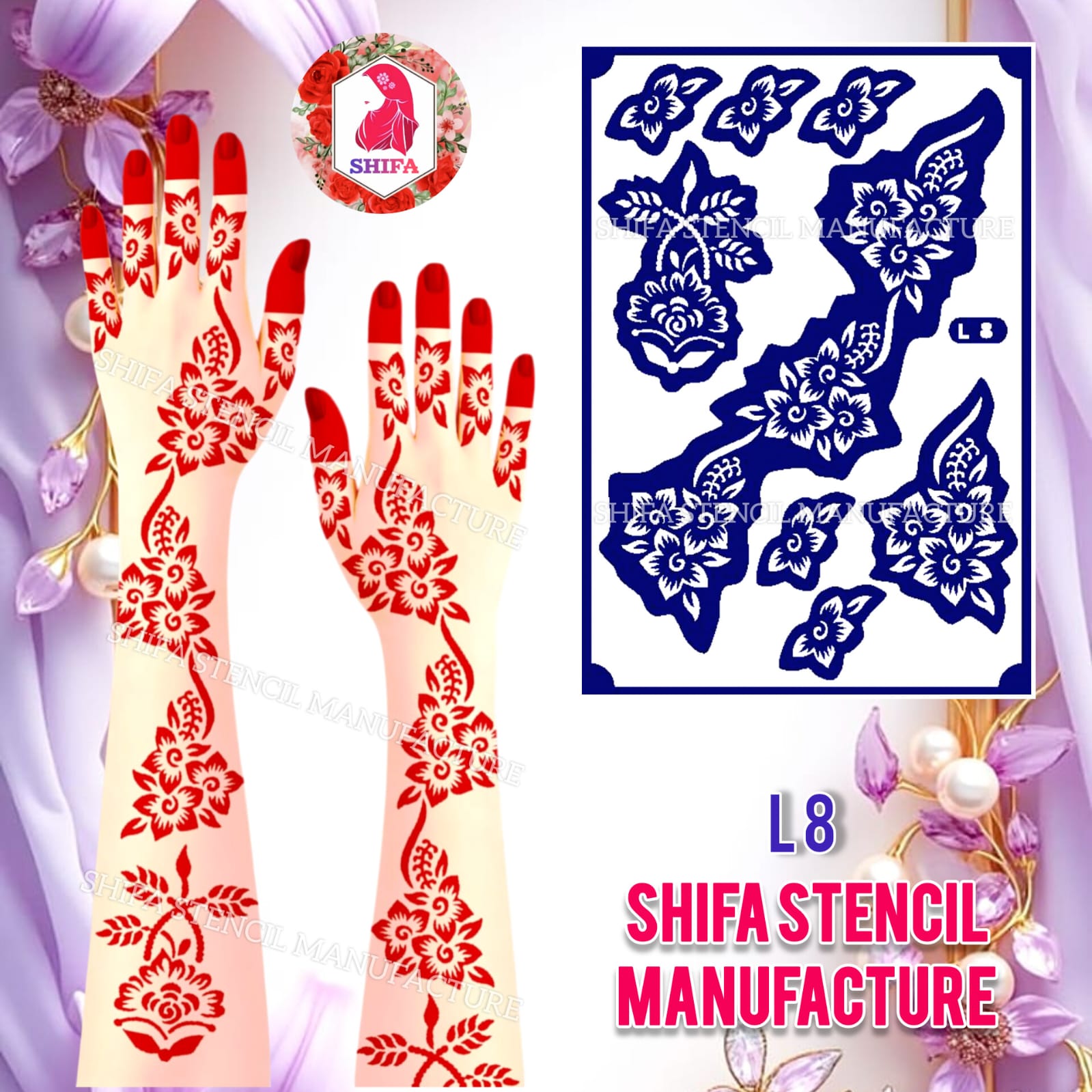 L 8 Floral Vine Elegance Sticker Overview Henna Stencil - Shifa Stencil